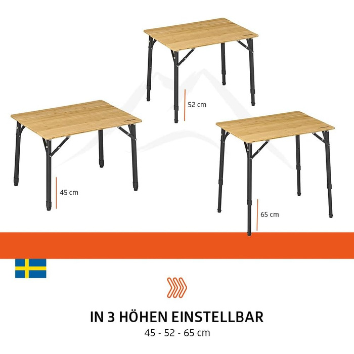 Зручний складаний садовий/кемпінговий столик Campout з бамбуковою полицею (65x50x65 см), 3 положення висоти, з сумкою