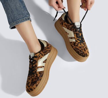 Кросівки LUCKY STEP Plateau Sneaker для жінок - платформа, канвас, ретро стиль, низький профіль, зручні для повсякденного носіння, бежево-зелені (41 EU, леопард)