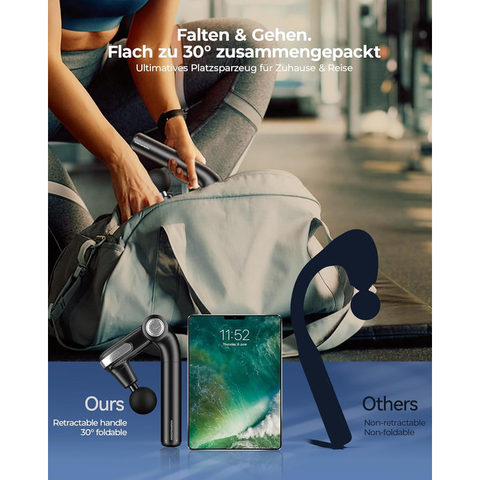 Масажер для тіла KingPavonini з висувним руків'ям та складним голівкою, масажна пістолета для спини з 3 регульованими кутами та 4 насадками, масажер - подарунок для чоловіків та жінок, чорний