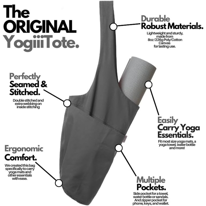 Сумка для йоги YogiiiTote — оригінальна сумка для килимка з великою бічною кишенею і відділенням на блискавці, підходить для більшості розмірів килимків