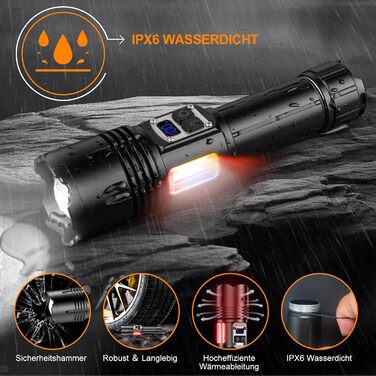 Тактична ліхтарик Relybo: перезарядна, 1000000 люмен, 9 режимів, COB бічне світло, USB-C, для кемпінгу та надзвичайних ситуацій