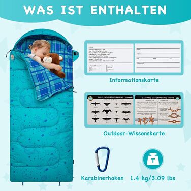 Сплячий мішок KingCamp для дітей, фланелевий, легкий, водонепроникний, компактний, зимовий, 4 сезони, для кемпінгу, підходить для дітей до 140 см, комфортна температура: 7°C (Блакитний L)