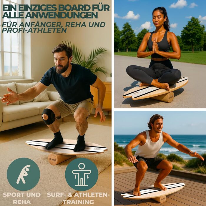 STAASH® PRO Балансборд з берези – Преміум 5-в-1 набір для балансу, фітнесу та реабілітації. Ролик + півсфера + килимок. Витримує до 150 кг (матовий чорний)