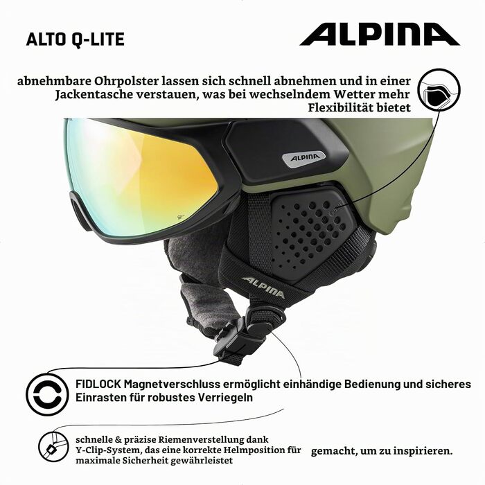 Гірськолижний шолом Alpina Alto Q-LITE для дорослих, ударопоглинаючий, з контрастною маскою, розмір L (59-63 см), колір olive matt