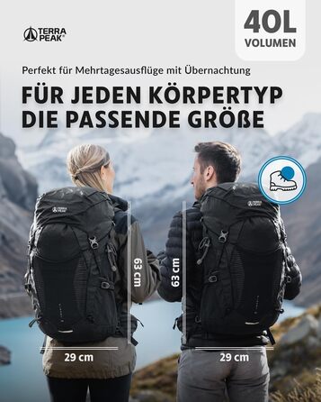 Рюкзак Terra Peak 40 л з вентильованою спинкою, тримачем для питної системи та дощовиком, туристичний рюкзак для походів і прогулянок, чорний