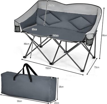 Кемпінговий стілець COSTWAY на 2 особи, розкладний з підлокітниками та підстаканником, вантажопідйомність 226 кг, для риболовлі та відпочинку