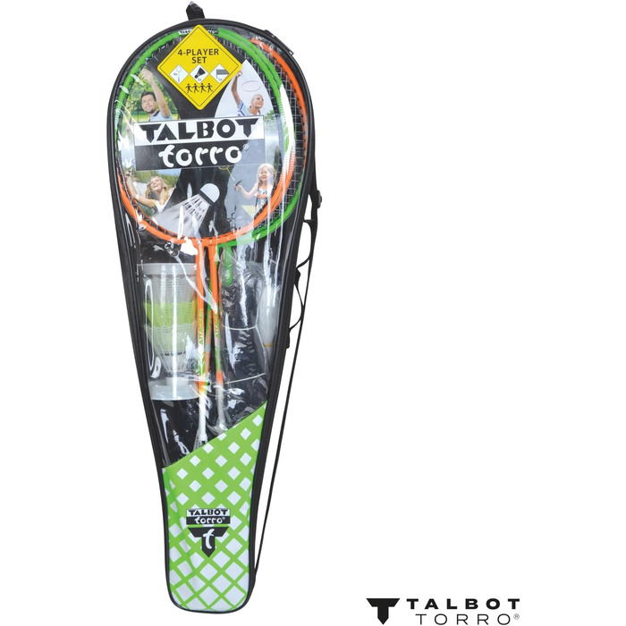 Бадмінтонний набір Talbot-Torro 4-Attacker Plus: 4 ракетки, 3 волани, сітка, сумка