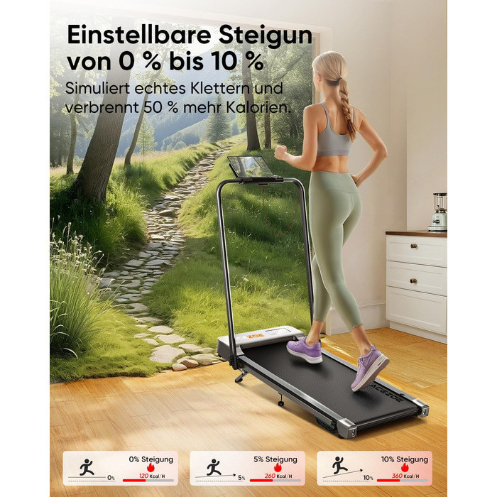 Біговий тренажер 6 в 1 для дому, складний, з регулюванням нахилу 10% та ручками. Макс. вантажність 135 кг, LED-дисплей, пульт дистанційного керування та додаток. Чорний та сірий.