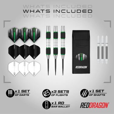 Дартси Red Dragon Axis 85% вольфраму, металевий наконечник, професійний набір, з оперенням і стрижнями, стілдарти 24г, 26г, 28г, червоні, зелені, сині