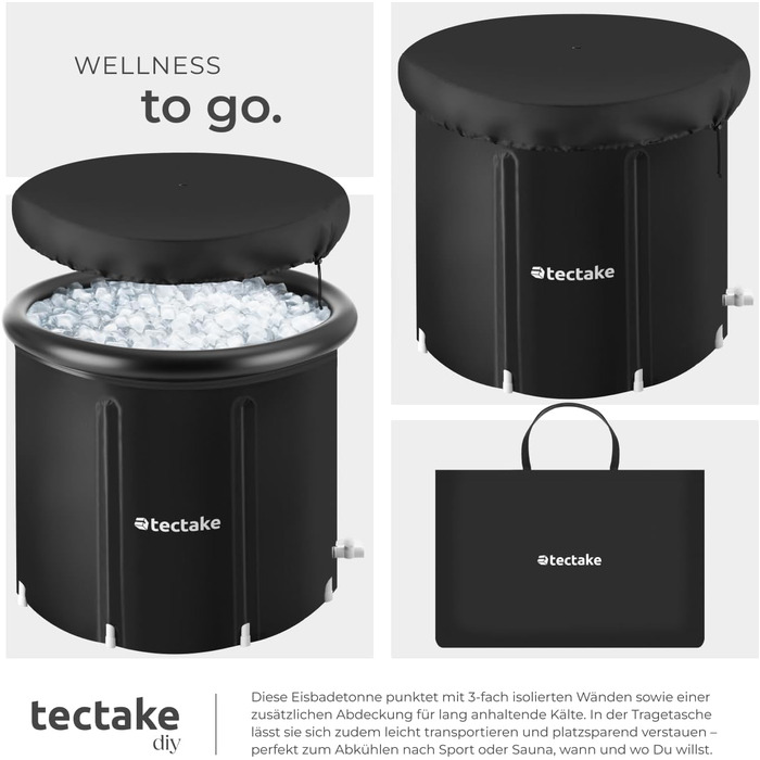 Тектейк® Ванна для криотерапії з кришкою, бак для крижаних ванн, ванна для криотерапії, бак для льоду, надувна ванна, складана ванна для дорослих для холодової терапії та спортсменів - Ø 90 x 75 см