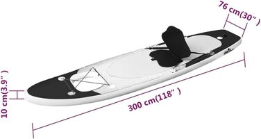 Набір SUP-дошка vidaXL надувна для дорослого, 300x76x10 см, чорна, весло, серфборд для падлбордингу