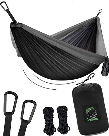 Гамак для кемпінгу на 2 особи, ультралегкий, з преміум-петлями та карабінами, блакитно-жовтий. В комплекті великий набір для підвішування (чорно-сірий, з мотузками)