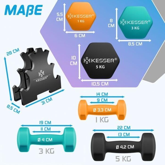Набір гантелей KESSER® 18 кг з підставкою, 3 пари (1-5 кг), неслизьке неопренове покриття, з інструкцією та фітнес-гумками