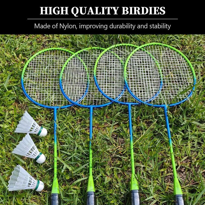 Набір для бадмінтону Zdgao для двору: портативна сітка з лебідкою, 4 алюмінієві ракетки, 3 волани, розмітка та сумка для перенесення (Синьо-Зелений)