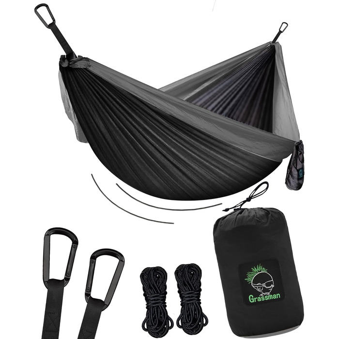Гамак для кемпінгу на 2 особи, ультралегкий, з преміум-петлями та карабінами, блакитно-жовтий. В комплекті великий набір для підвішування (чорно-сірий, з мотузками)