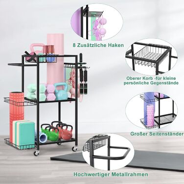 Стійка для зберігання спортивного обладнання Smusei: 3 яруси, металева, з роликами та 8 гачками. Підходить для йог-матів, гантелей, гир, кульок та іншого. Чорний колір.