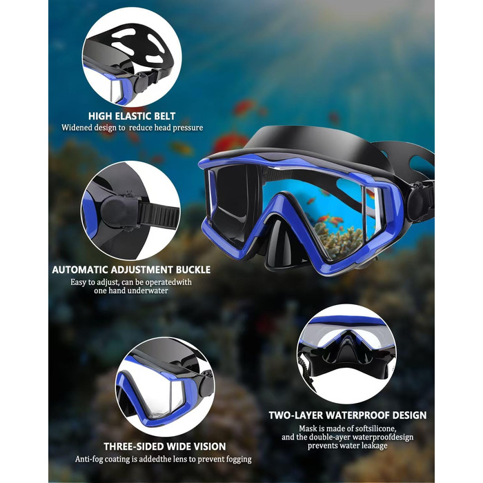 Маска для плавання та снорклінгу AQUA A DIVE SPORTS, антизапітніваюча, для дорослих, синя