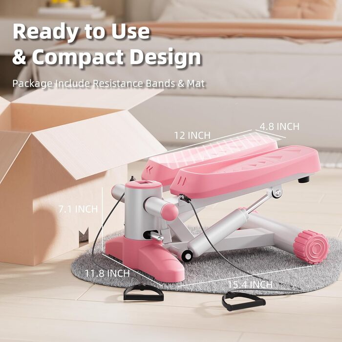 Сходи для фітнесу Mytrix Pink: портативний міні-степер з еластичними гумками та LCD-дисплеєм (до 150 кг) для спалювання калорій та аеробіки вдома та в офісі