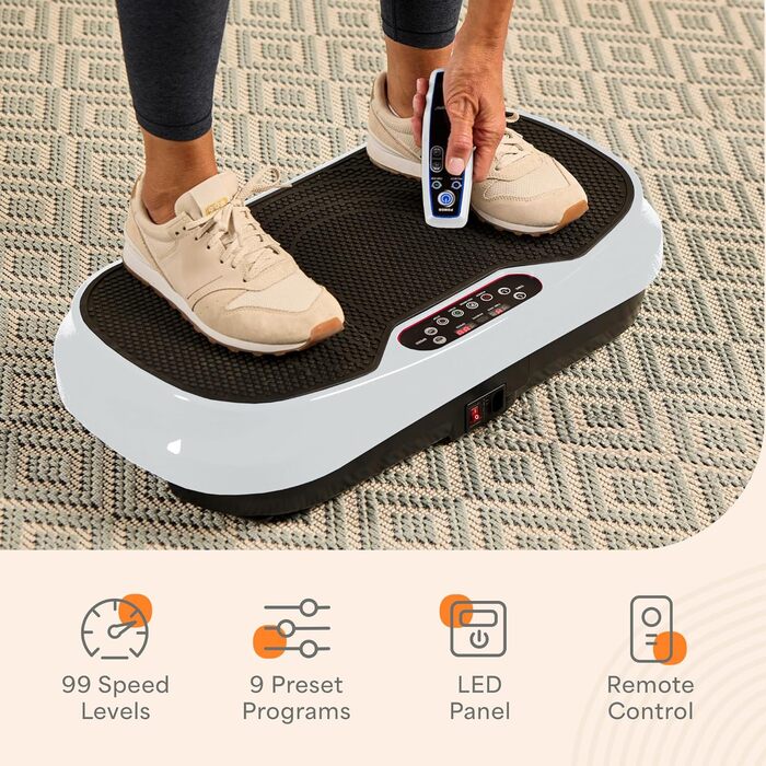 Віброплатформа Lifepro Waver Mini з пультом та гумовими петлями - компактний вібраційний тренажер для лімфодренажу, тонусу м'язів, 99 рівнів інтенсивності, 10 програм (біла)