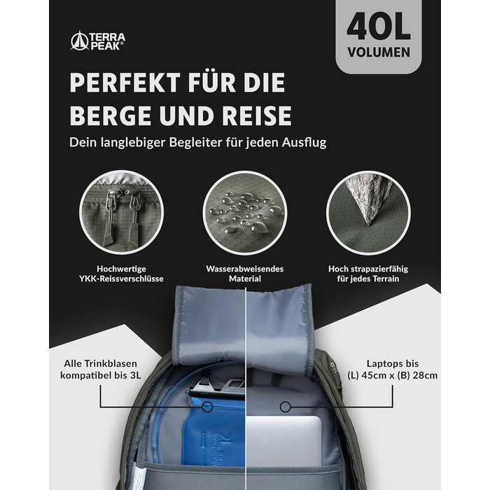 Туристичний рюкзак 40 л Flex 40 Premium з вентиляцією спини, чохлом від дощу та кріпленням для питної системи, трекінговий рюкзак з дихаючої 3D Air Mesh, оливковий, з поясом
