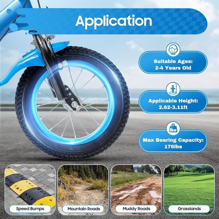 Дитяче велосипед 12 дюймів з регульованою висотою сидіння, з додатковими колесами та кошиком, для хлопчиків та дівчаток 2-5 років, блакитний