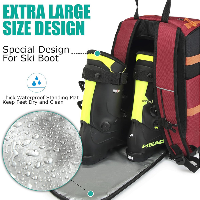 Сумка для лижних черевиків з відділенням для шолома, 65L, нейлон, рюкзак для лиж, роликів, ковзанів (червоний)