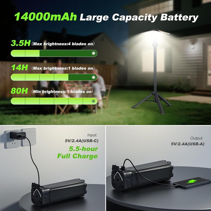 Багатофункціональний ліхтар-телефон на базі акумулятора 14000 мАг з LED, 6000 люмен, IPX5, чорний