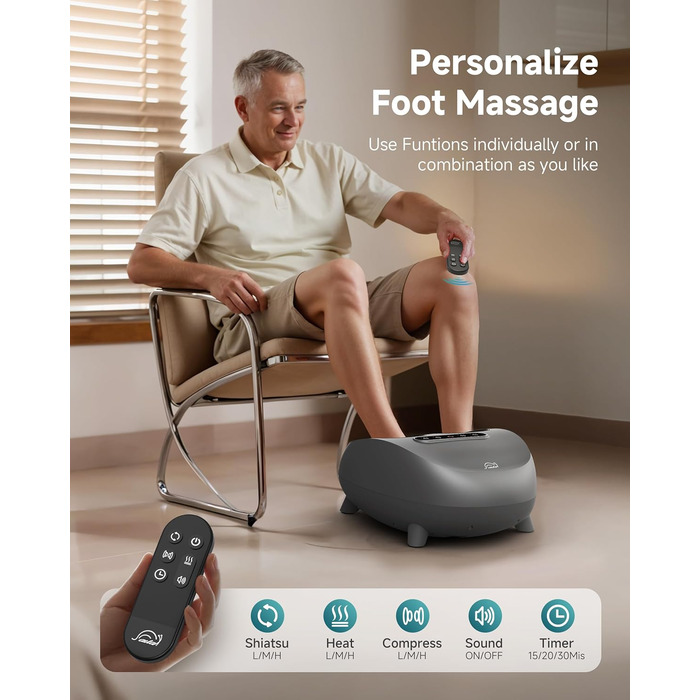 Електричний масажер для ніг Snailax Shiatsu з підігрівом та глибоким розминанням. Для лікування п'яткової шпори, подарунок для жінок/чоловіків. Розмір 48, срібний колір.