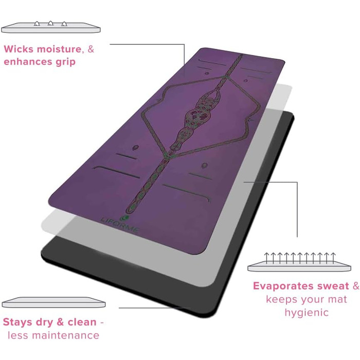 Yogamat Liforme з принтом – система вирівнювання, нековзна, екологічна, біорозкладна, стійка до поту, довга, широка та товста (фіолетовий)