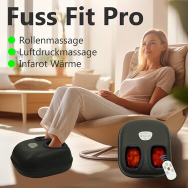 Електричний масажер для ніг Fuss Fit Pro з шиацу, тепловою функцією, роликовим і повітряним масажем, 3 рівнями інтенсивності, таймером та дистанційним керуванням