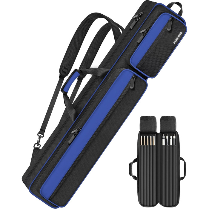 Сумка для більярду, 10 x 13 см, з кишенями на 4 кийки, 5 аксесуарів, з підкладкою, м'яка та міцна, з регульованими плечовими ременями для чоловіків та жінок, синього/чорного кольору