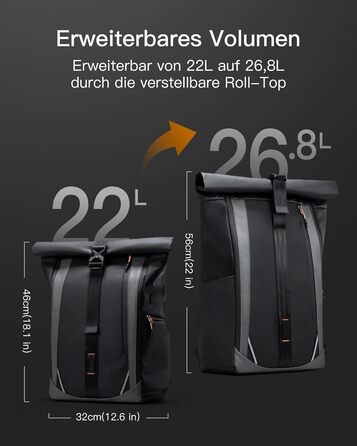 Рюкзак Inateck RollTop для ноутбука 22–26,8 л з водонепроникною блискавкою та відкриттям на 180°, для роботи, подорожей, навчання