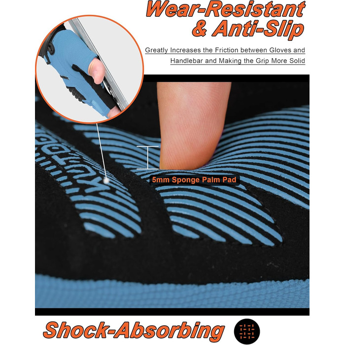 Велосипедні рукавички KUTOOK MTB для катання літом з амортизуючою вставкою та захистом пальців. Дихаючі рукавички для чоловіків та жінок, сіро-помаранчевий колір (XL, синій)