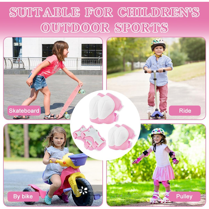 Набір наколінників Kinder 6 в 1: захист для колін, ліктів та зап'ясть. Підходить для скейтбордингу, інлайнів, Hoverboard, велосипеда (Рожевий, Білий)