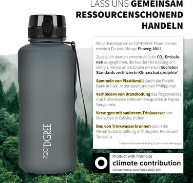 Пляшка спортивна 720°DGREE 'uberBottle' з ситечком, 1.5л, чорна - BPA-Free, для спорту, школи, фітнесу, велосипеда, прогулянок. Легка, Tritan