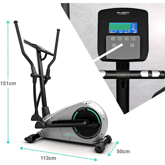 Еліптичний тренажер Bluefin Fitness CURV 2.0 для дому, крос-тренажер, компактний степпер з LCD-дисплеєм, Bluetooth, додатком для смартфона, чорний та сірий