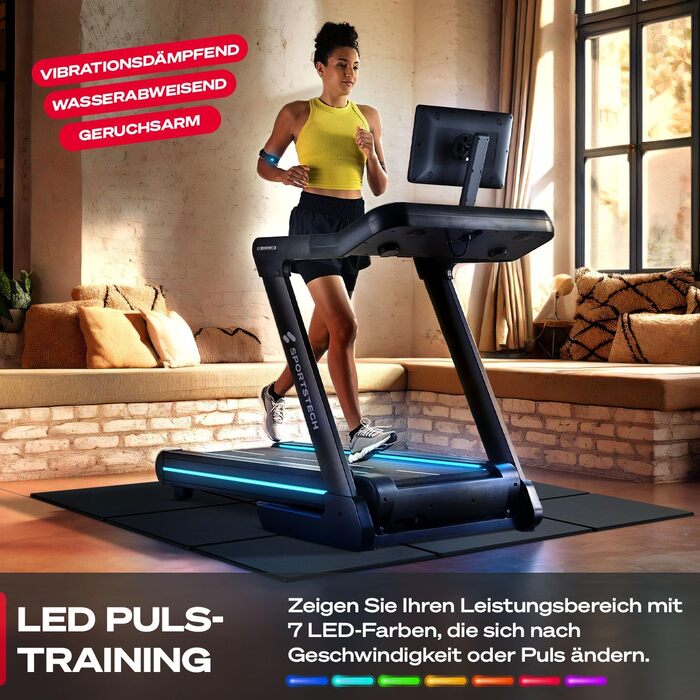 Біговий тренажер Sportstech sTread Pro/Lite – складаний, до 20 км/год, нахил 12%, вантажопідйомність 150 кг, LED-дисплей, сумісність з додатком, тихий 7PS двигун, велика бігова поверхня (sTread Pro 10.1')