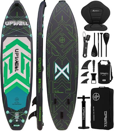 SUP дошка Upwell 350x89 см з сидінням, надувна для дорослих та підлітків, комплект (рюкзак, весло, ліш, помпа, плавники) Chipmech Green