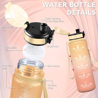 Спортивна пляшка для води 1 літр з міткою часу, витокозахисна, легка, для велосипеда, школи, офісу, фітнесу (1000 мл, бурштиново-помаранчевий)