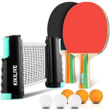 Набір для настільного тенісу для 2 гравців: 2 ракетки, сітка та 6 м'ячів - для гри в приміщенні та на вулиці (чорний/червоний)