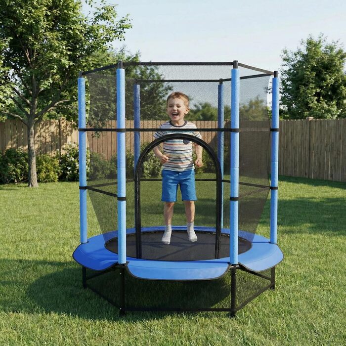Батут для дітей LIFERUN Ø140 см з сіткою безпеки, для тренувань та розваг у саду, до 50 кг, блакитний