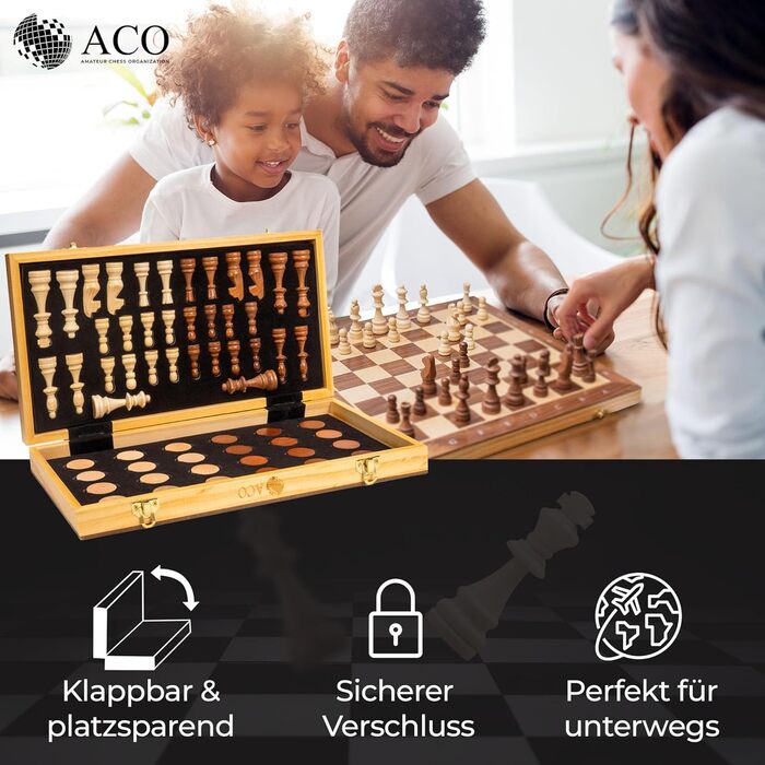 Шаховий набір ACO з шаховою книгою, 38 x 38 см: шахи та шашки з горіха, складаний, з магнітами та сумкою для перенесення