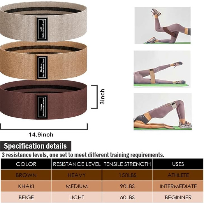 Стрічки опору для фітнесу: набір для тренувань сідниць та тіла. Стрічки для фітнесу з тканини для дому та залу. Колір: бежевий/хакі/коричневий