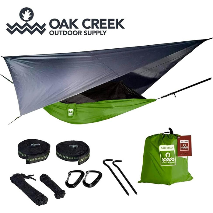 Гамак туристичний Oak Creek з москітною сіткою та тентом, комплект для кемпінгу, зелено-сірий (1.8 кг)