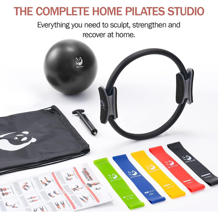Pilates Ring Slim Panda з м'якими ручками, 35 см, набір: кільце, м'яч, гуми, інструкція, сумка (Чорний)