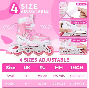 Дитячі ролики для дівчаток, регульовані, рожеві. Ролики для катання в приміщенні та на вулиці. Розмір M (EU 32-36)