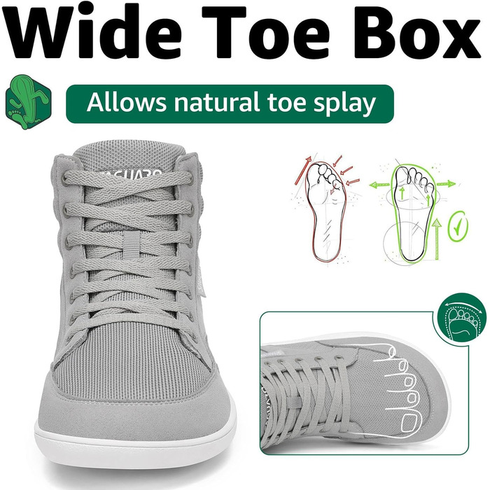 Черевики Saguaro Unisex Barfußschuhe High-Top з широкою передньою частиною та платформою Zero-Drop, розмір 36-48 (Сірий)