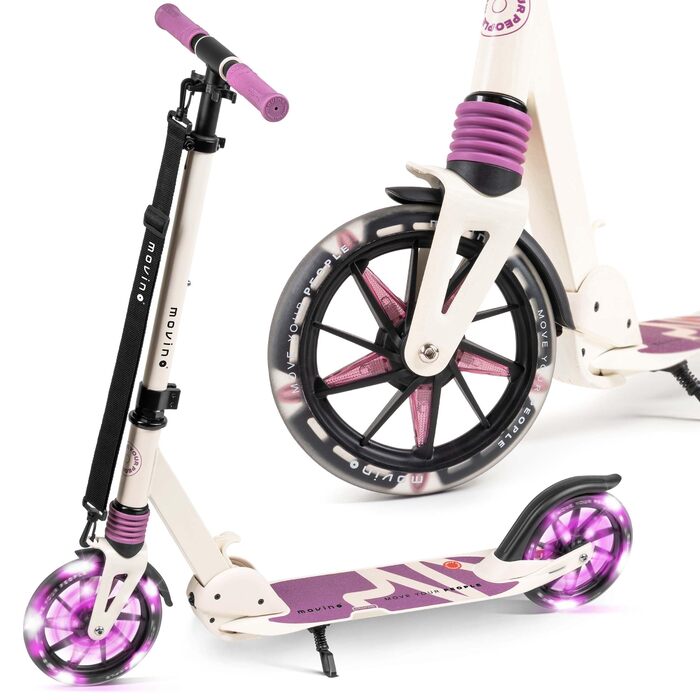 Електросамокат Movino City Light для дітей та підлітків, 180 мм колеса, амортизатори, регульований кермо, бежево-фіолетовий