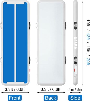 AWSUM Гімнастичний надувний мат для тренувань, фітнесу та акробатики, 3х1 метр, блакитно-білий, з насосом та сумкою