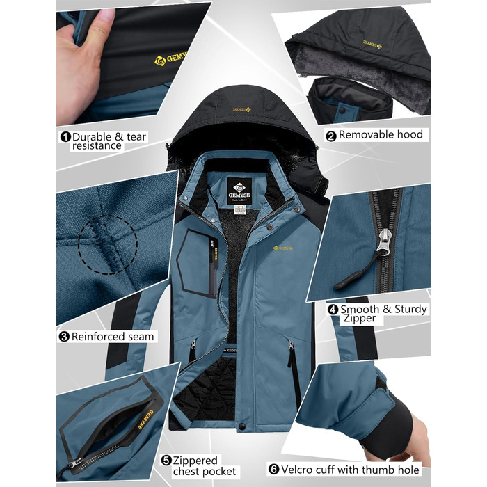 Чоловіча водонепроникна лижна куртка GEMYSE з флісовою підкладкою, вітрозахисна, зимова куртка з капюшоном (S, чорний/сірий)